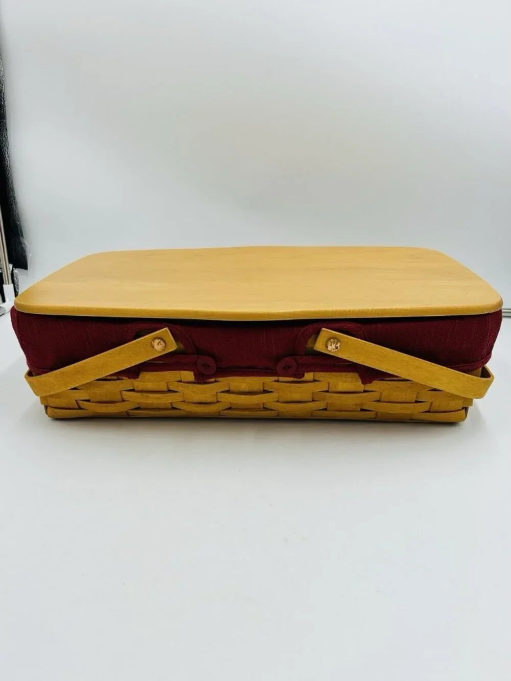 Longaberger Hostess Basket Two Handles Wooden Lid Red Fabric Plastic Liner 2002